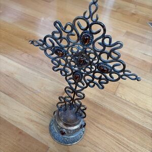 Ornate Metal Decorative Stand with Amber Accents